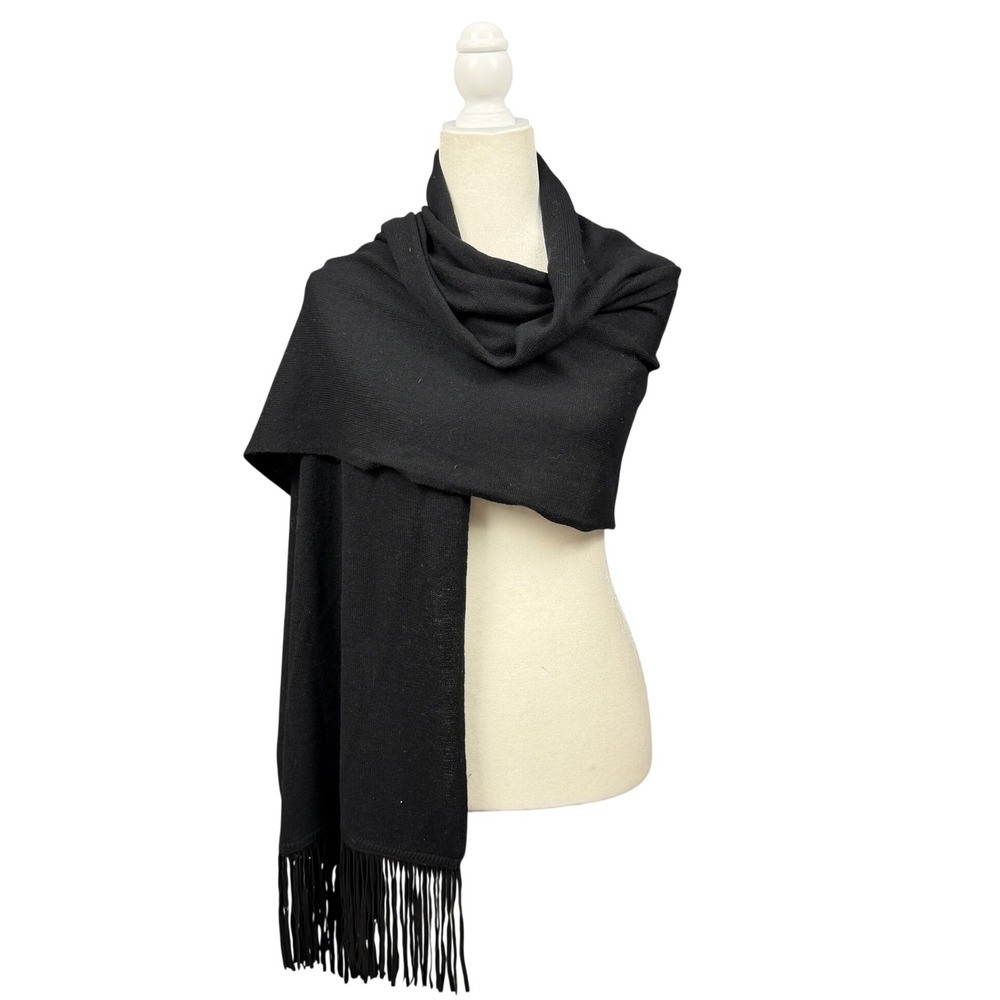 Beryll Wrap Womens Black Cashmere Leather Fringe Shawl Scarf USA Made Luxury